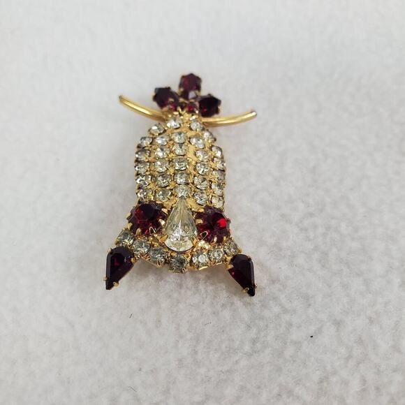 Vintage Owl Red White Rhinestone Gold Tone Brooch Pin Unbranded - Picture 3 of 8